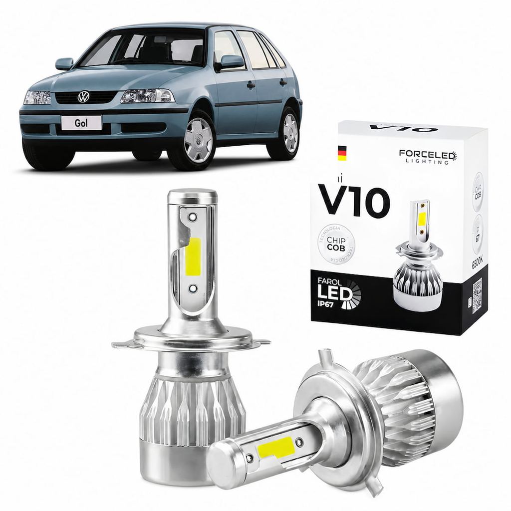 Kit Completo Led Farol Alto/Baixo H4 + Farol de Milha H3 Para Volkswagen Gol G3 2000 a 2005 Full Mini V10 (6 Lamp.)