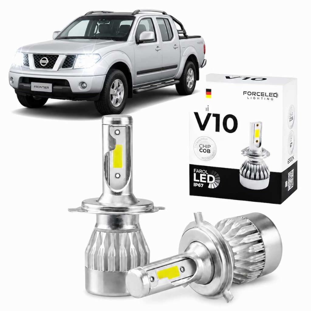 Kit Led Completo Nissan Frontier 1998 a 2016 Full Mini V10 (4 Lamp.) Farol H4 + Farol Milha H3