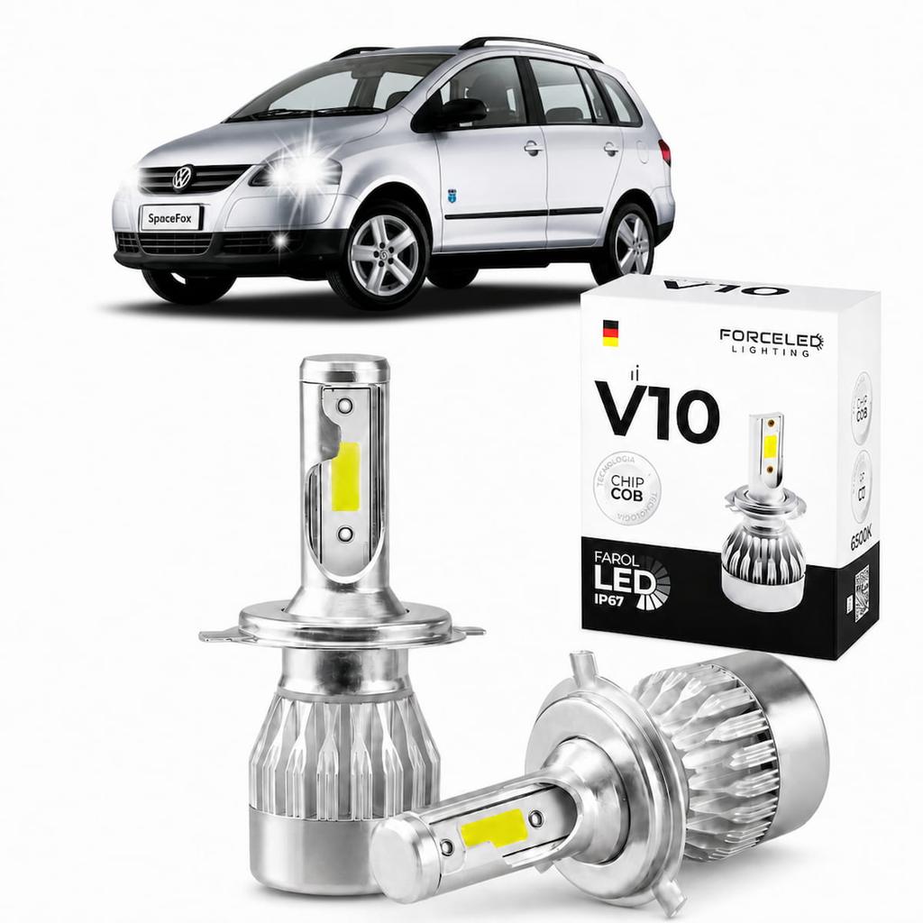 Kit Led Completo Farol Alto e Baixo H4 + Farol de Milha H3 Volkswagen SpaceFox 2006 a 2009 Full Mini V10 (6 Lamp.)