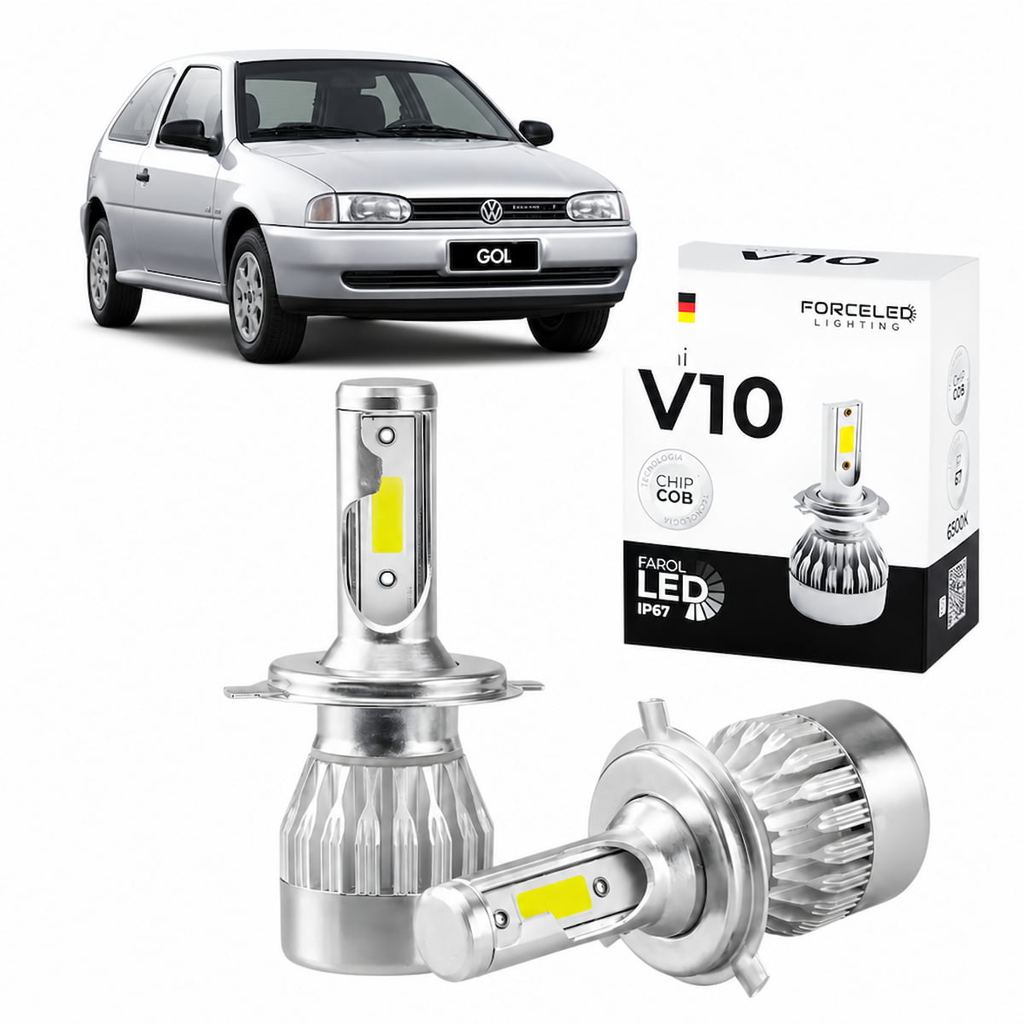 Kit LED Completo para Gol G2 / Gol G2 GTI 1996 a 2000 Full Mini V10 (6 Lamp.) Farol Alto e Baixo H4 + Farol de Milha H3