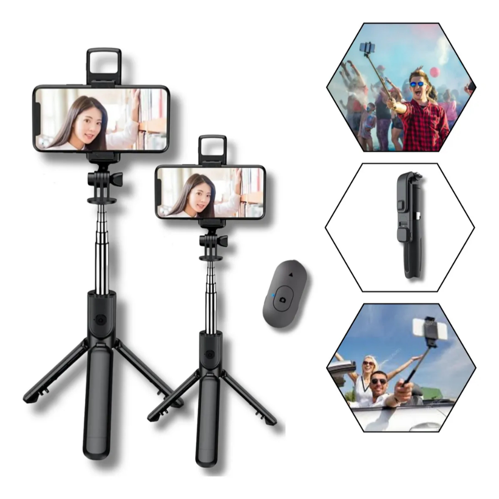 Kit 2 Bastão Tripé Pau De Selfie Estabilizador Preto Celular Led Controle 3 Em 1