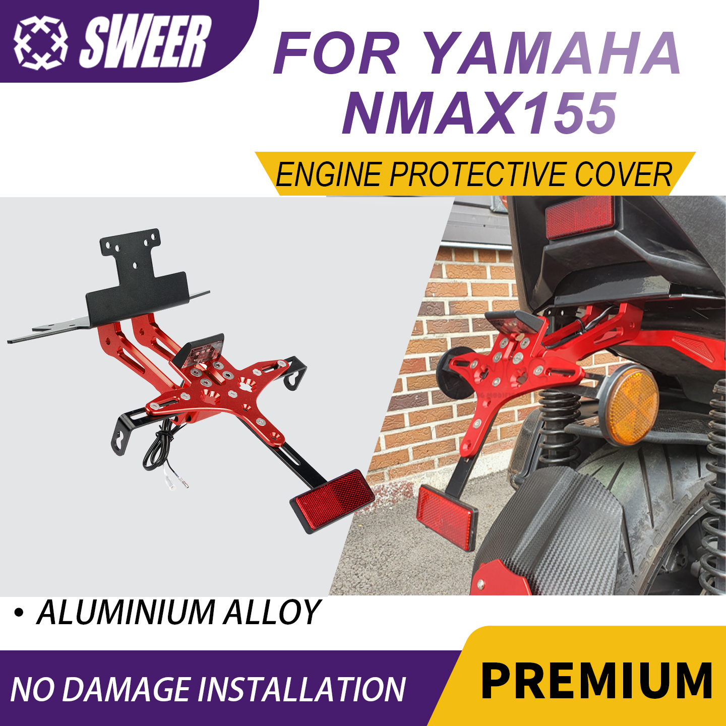 Suporte De Placa De Licença Sweeer Arrumado Para Yamaha Xmax300 2017-2024 Liga De Alumínio Com Luz LED
