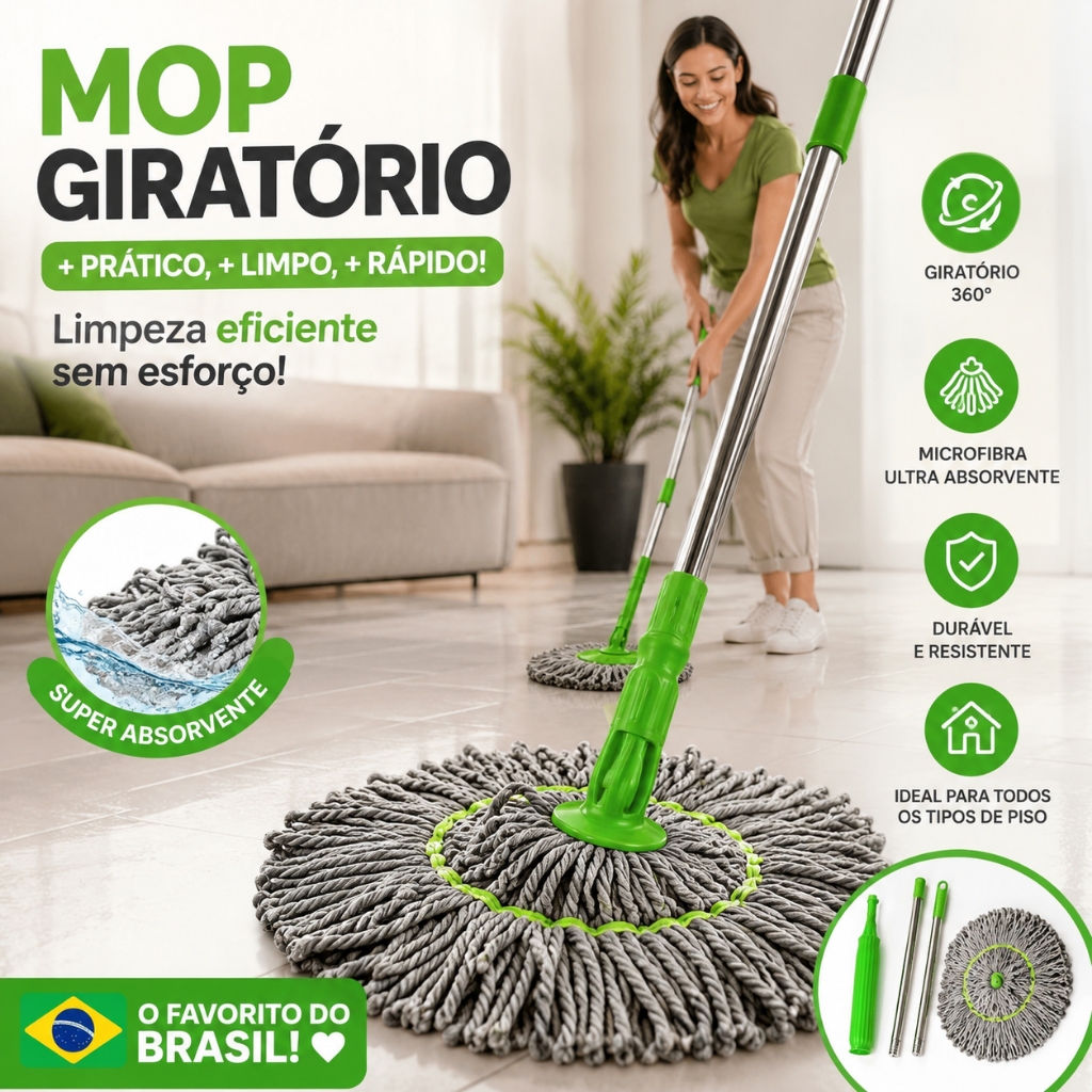 Mop Giratório 360° Microfibra 2 em 1 Esfregão Auto Torção Limpeza Geral