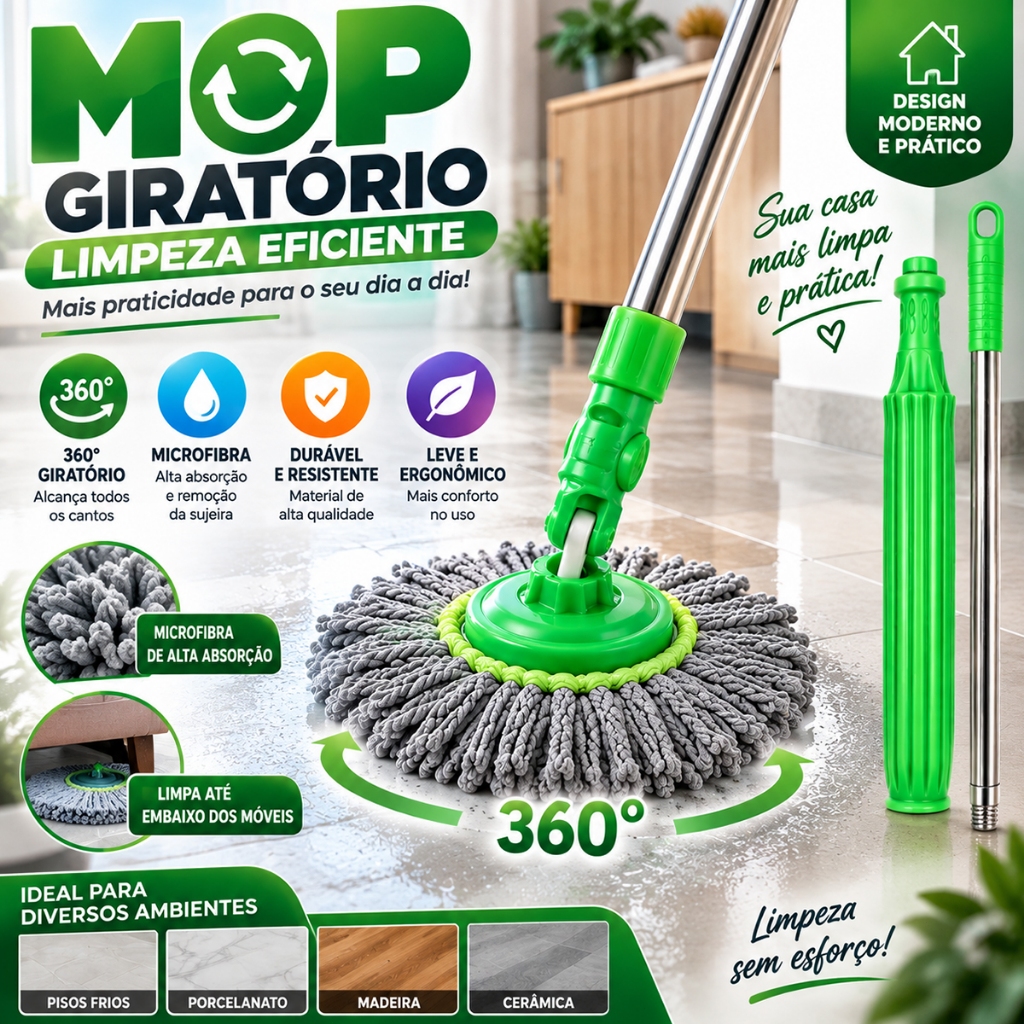 Esfregão 360° Mop Twist Auto ,Torção Microfibra 2 em 1 Limpeza Geral