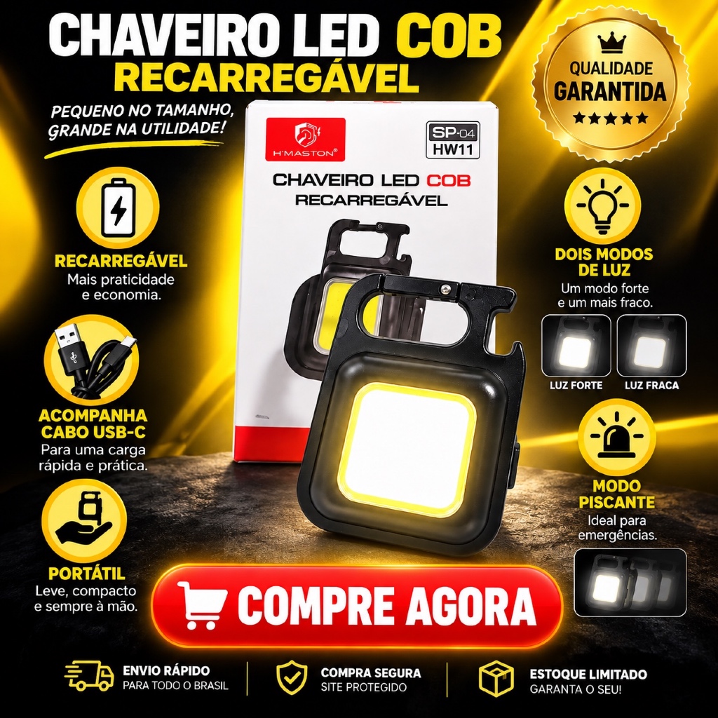 Chaveiro LED COB Recarregável USB-C 3 Modos Luz Portátil Emergência