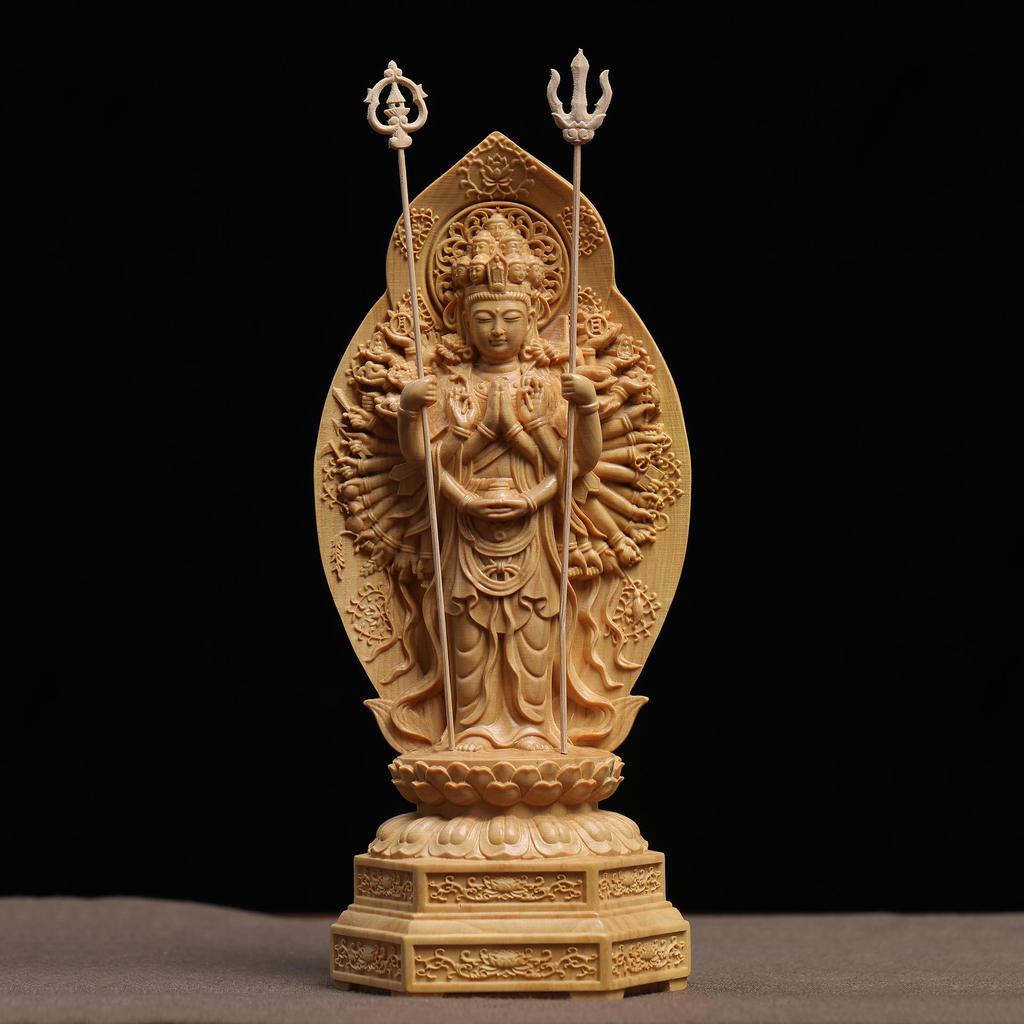 Autêntico estação esculpida em buxo de folhas pequenas, mil mãos, Guanyin Bodhisattva, adoração deus, estátua, ornamento