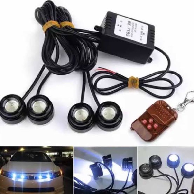 Mini Milha Farol Olho de Aguia Gato Strobo DRL Controle Remoto Safety Car Branco