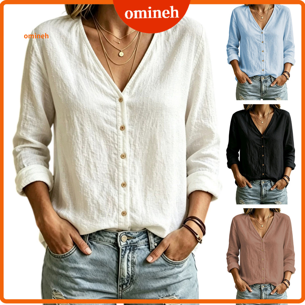 Loose Fit Autumn Top Fall Women Shirt Women’s V-neck Long Sleeve Cotton Linen Blouse Breathable Button Front Solid Col