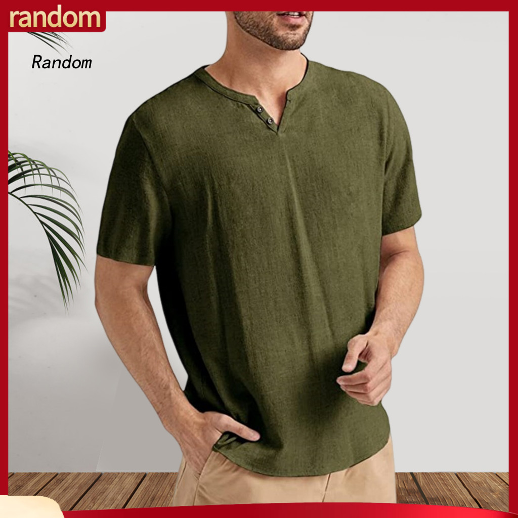 Men Cotton T-shirt Natural Feel Shirt Men's Casual V-neck Breathable Short Sleeve Solid Color Tee Lightweight Summer Top