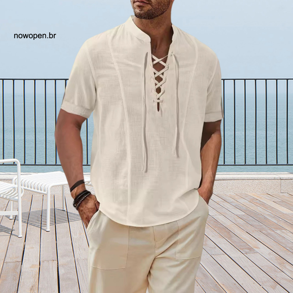 Men V-neck T-shirt Classic Shirt for Men's Cotton Blend with Strap Short Sleeve Solid Color Casual Tee for Summer Daily