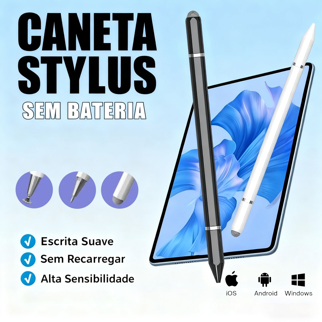 Caneta Stylus Sem Bateria 3 em 1 Profissional – Ponta Fina 0.6mm p/ iPad Android iPhone Tablet K1
