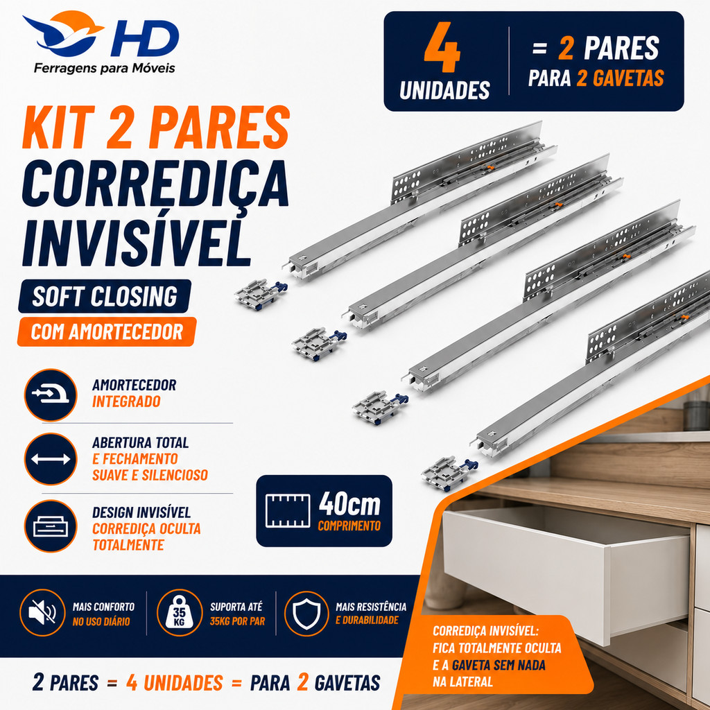 Kit 2 Pares Corrediça Invisível Soft Close Com Amortecedor 400mm 40cm - 4 unidades - Reforçado - Hd Ferragens/ Renna