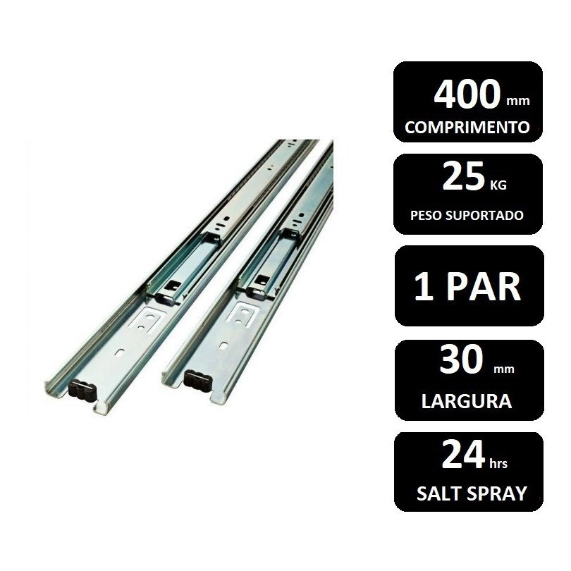 Corrediça Telescópica H30 400mm Ou 40cm Trilho Gaveta 25kg