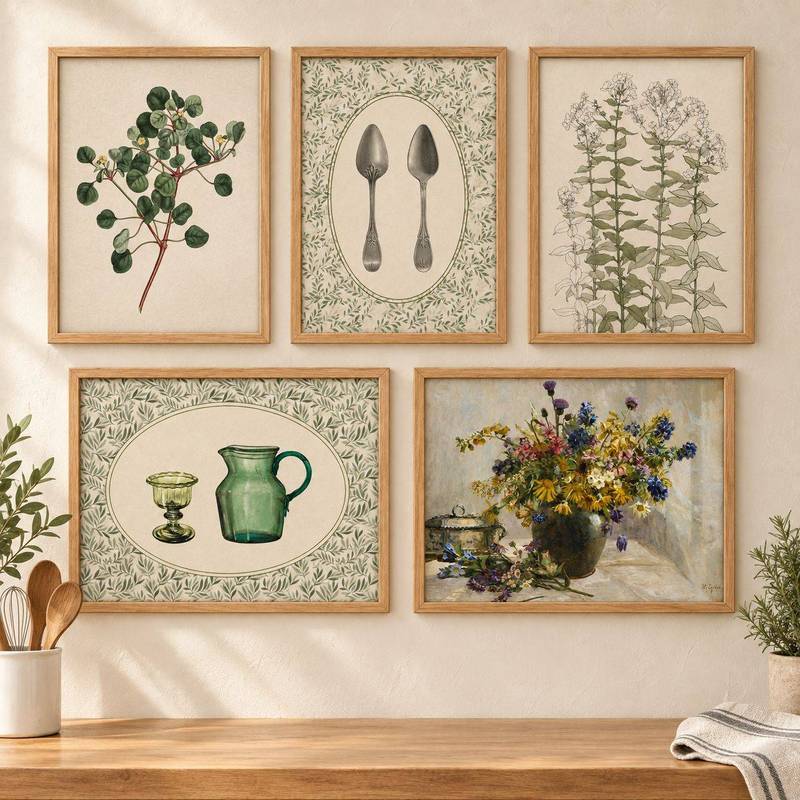 Green Botanical Kitchenware Vintage Poster No Frame Canvas Wall Art Painting Kitchen Dining Room Decor