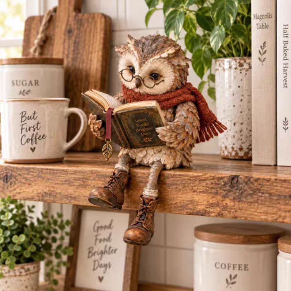 Reading Owl Figurine, Detailed Resin Craft Owl With Scarf, Decorative Desktop Statue For Home And Study Room