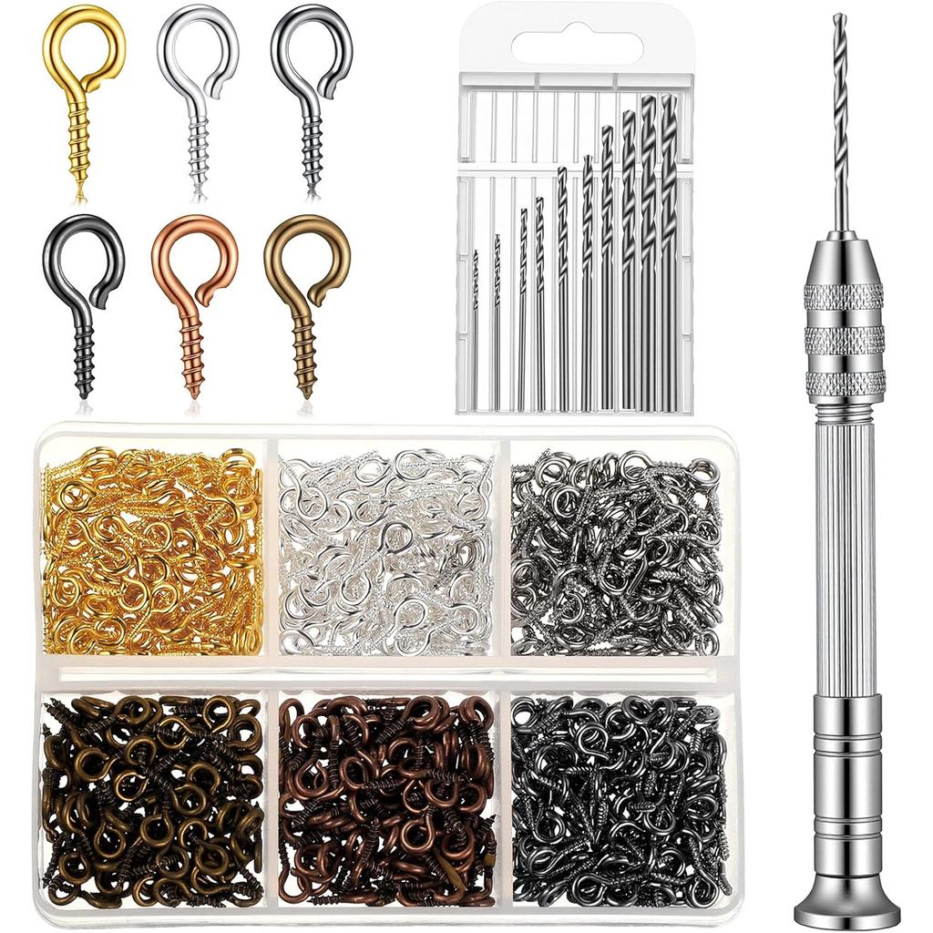 Hand Drill Set for Resin Crafts, Pin Vise Jewelry Making Kit Manual Hand Drill with 600PCS Small Screw Eye Hooks and 10