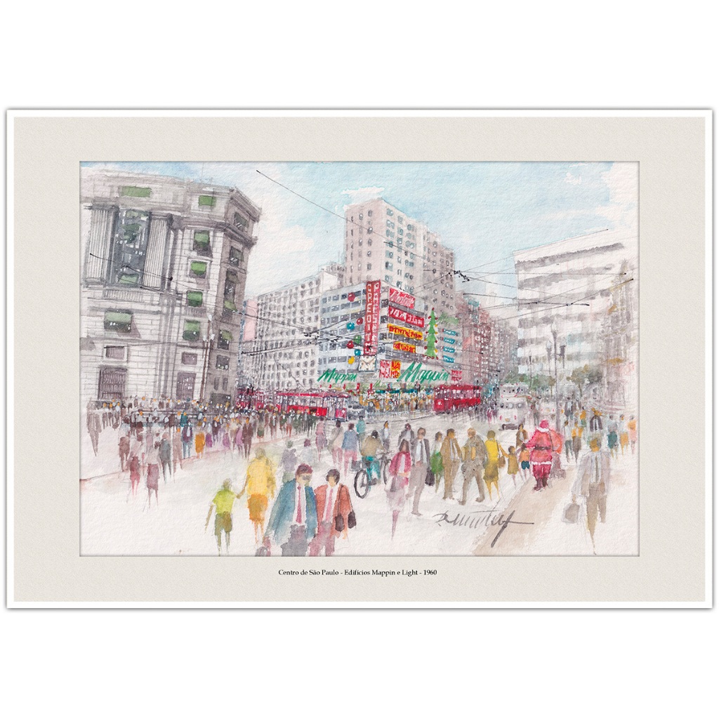 Centro de São Paulo - Edifícios Mappin e Light 1960 | Arte em Aquarela para Quadro Decorativo | A4