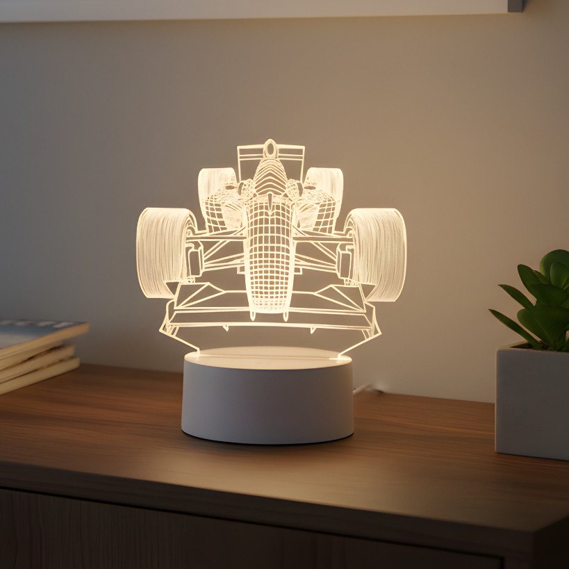 Luminária Led 3d Formula 1 Carro Corrida Abajur De Mesa Luz Noturna Branco Quente Suave USB