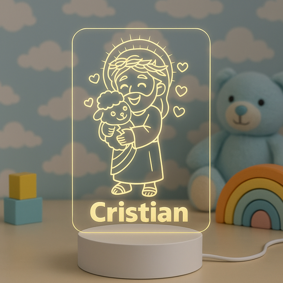 Presente Dia das Crianças - Luminária Jesus com Nome Personalizado - Luz Noturna Infantil Cristã