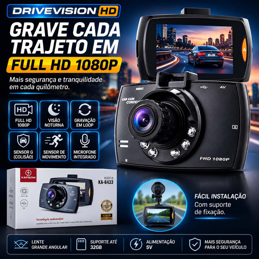 Câmera Veicular DriveVision HD Full HD 1080P DVR Visão Noturna G-Sensor Gravação em Loop