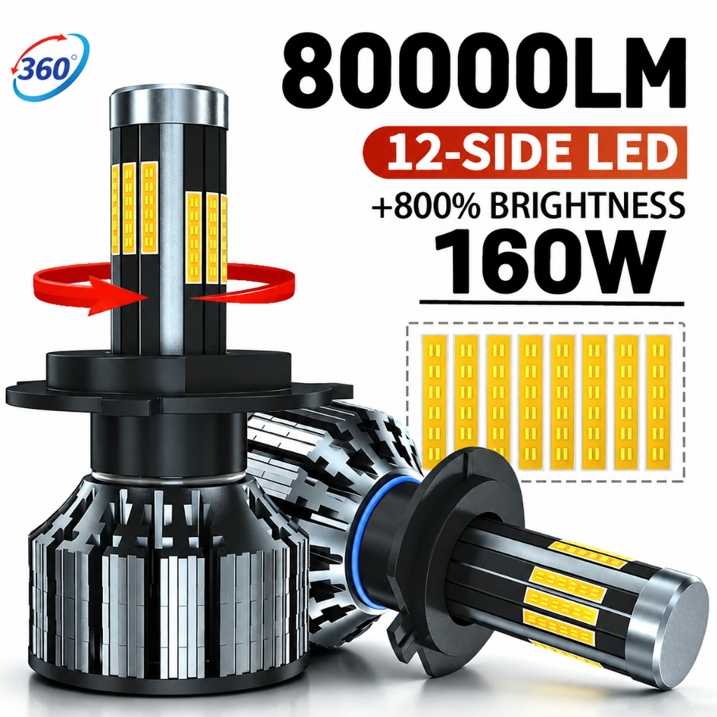 Faróis De Carro LED H4 H7 De 12 Lados H1 H11 9005 HB3 9006 HB4 9012 Super Bright 160W 80000LM 6000K Com Luz Branca