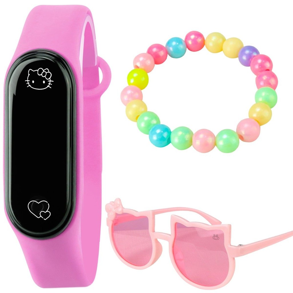 Relógio Infantil Digital Menina Led Rosa A Prova de Água Pulseira Colorida Óculos Gatinho Menina