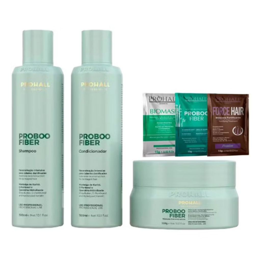 Kit Reconstrução Intensiva Proboo Fiber Prohall + 3 Sachês Máscara Hidratação Prohall Professional de Brinde