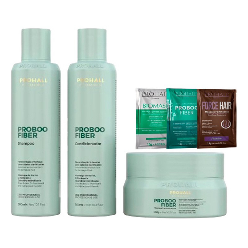Kit Reconstrução Intensiva Proboo Fiber Prohall + 3 Sachês Máscara Hidratação Prohall Professional de Brinde