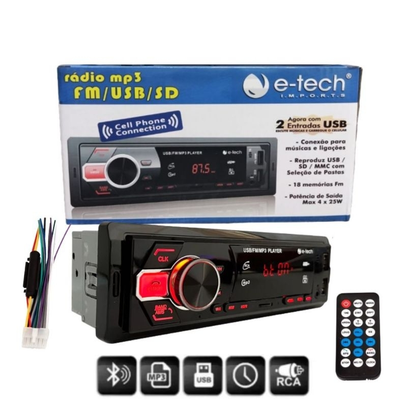 Auto Radio Mp3 E-tech Light Bluetooth 2 Usbs Aux Sd Controle