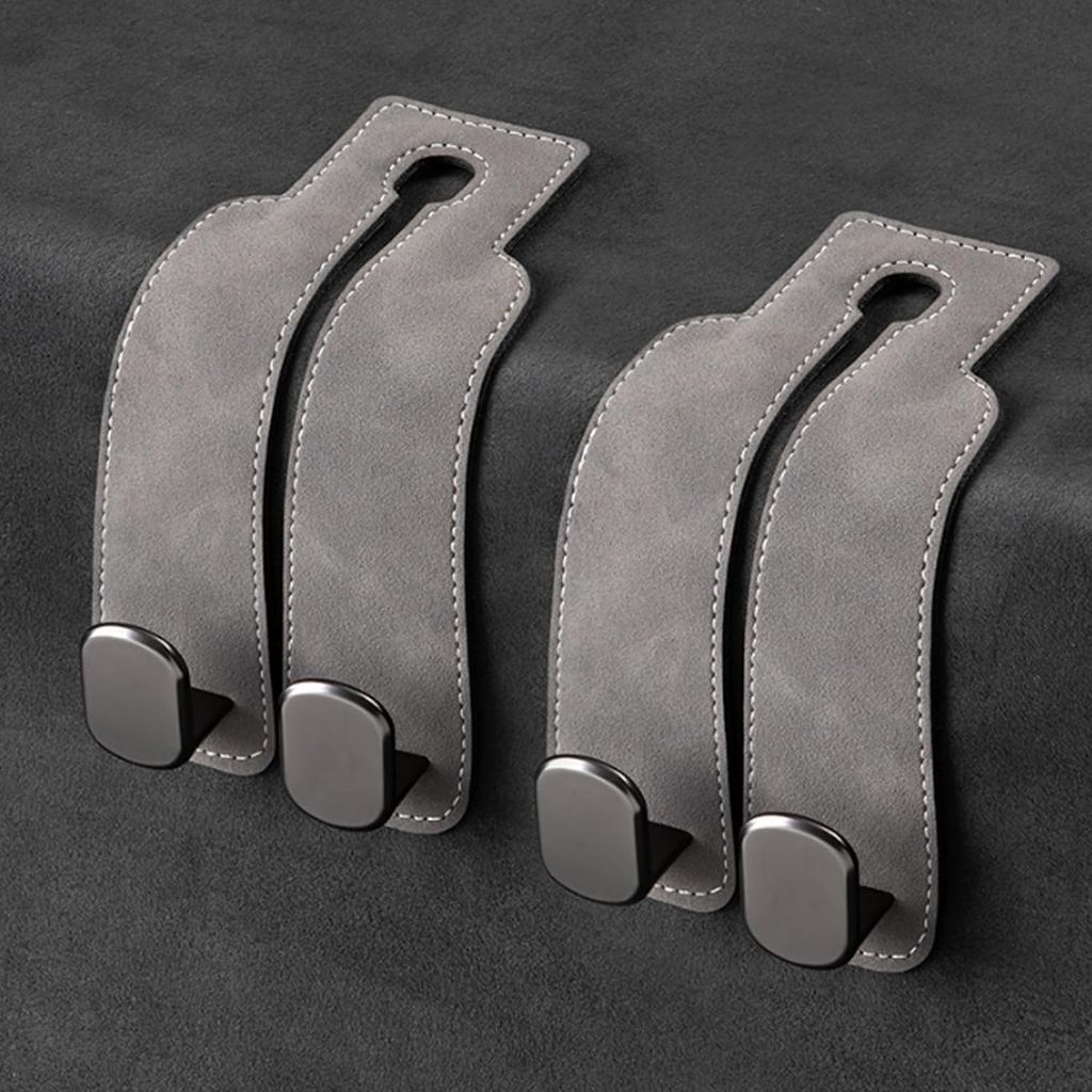 2 Pack Car Headrest Hooks - Premium Leather Seat Holder for Purses and Bags (Grey)