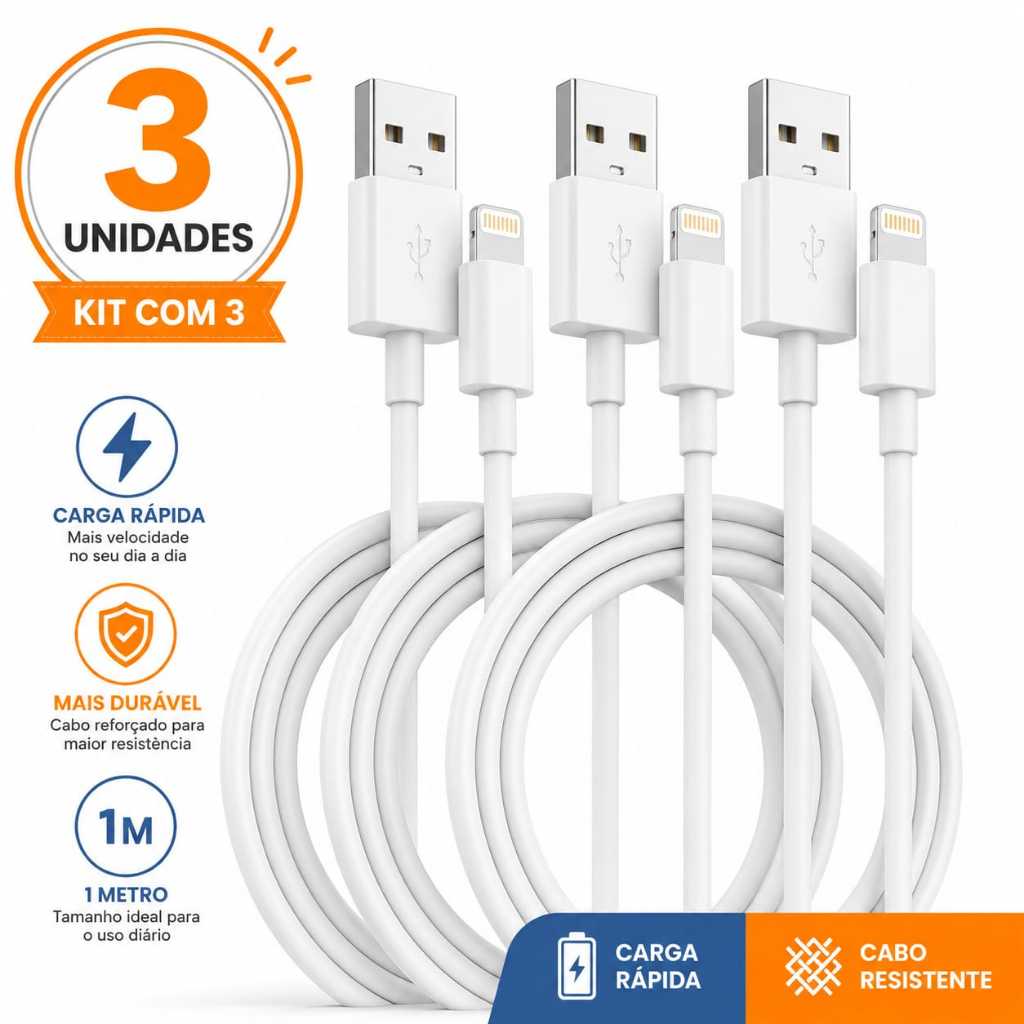 Kit 3 Cabos Lightning USB Turbo Compatível modelos 7 8 11 12 13 14 1m Carregamento Rápido