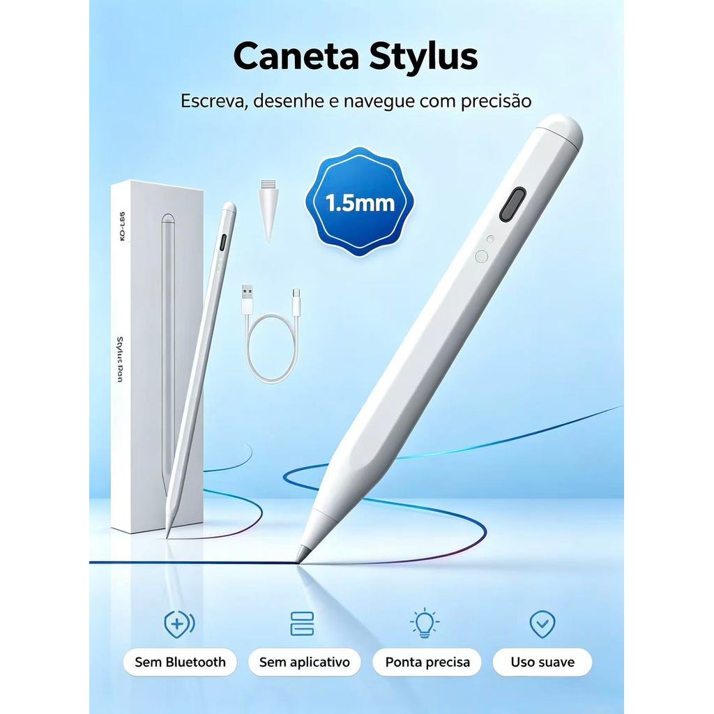 Caneta Touch Pen Universal para Tablet e Celular Compatível com iOS e Android – Ponta Fina e Alta Sensibilidade