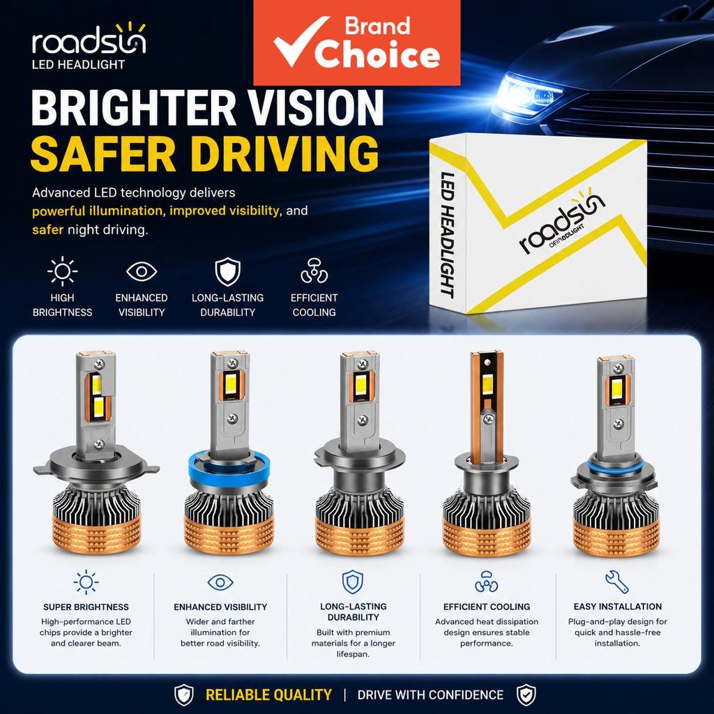 Roadsun 2pcs H4 H7 LED Lâmpadas De Farol De Carro H11 9005 9006 9012 H1 H9 H8 Hb2 Tubo De 4 Cobre 6000k 40000lm Chips Cs