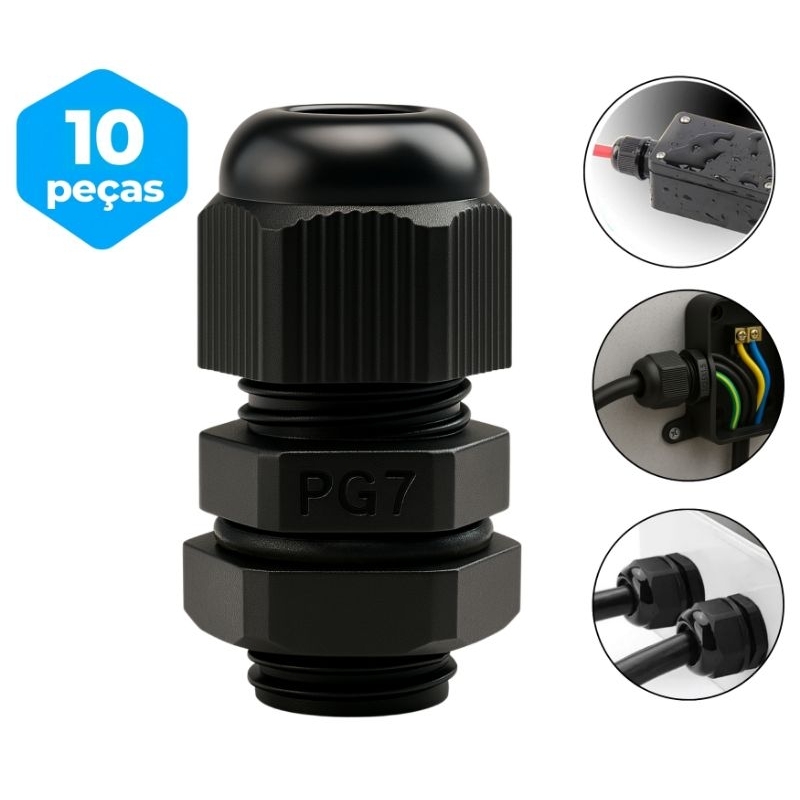10x Prensa Cabo 3 a 7mm Pg7 Preto 1/4 IP68 (kit C/ 10pçs)