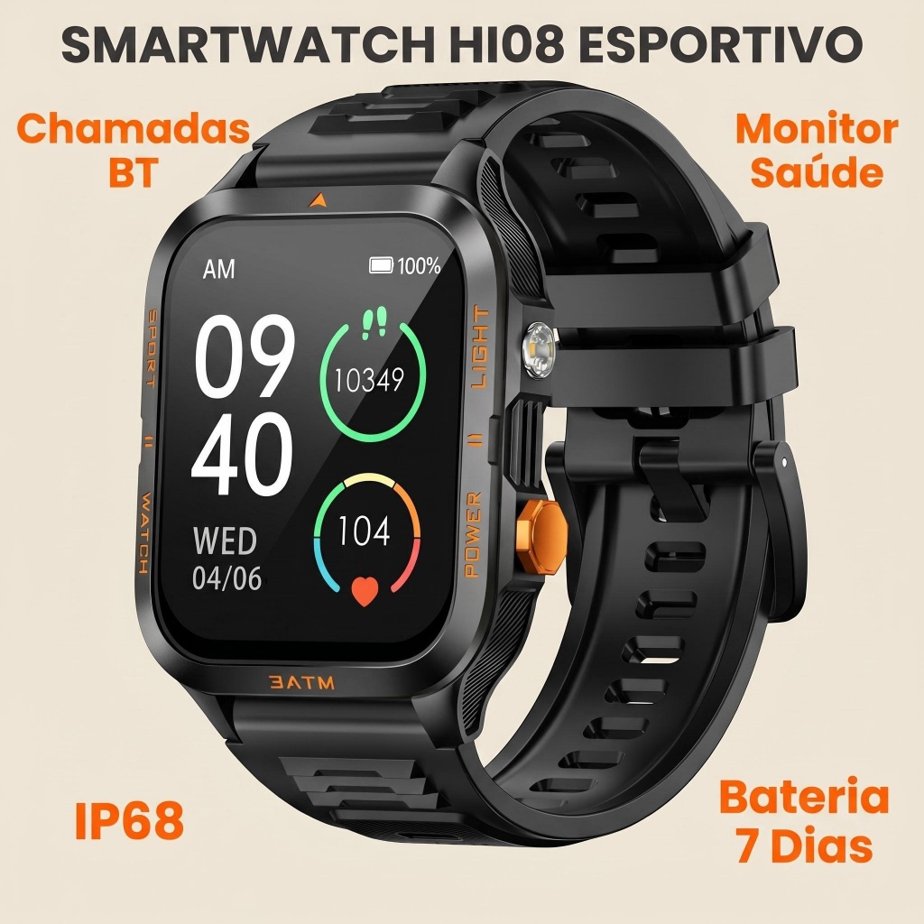 Smartwatch  HI08 Esportivo | Chamadas BT, Monitor Cardíaco & Sono | IP68, Bateria 7 Dias, 20+ Modos