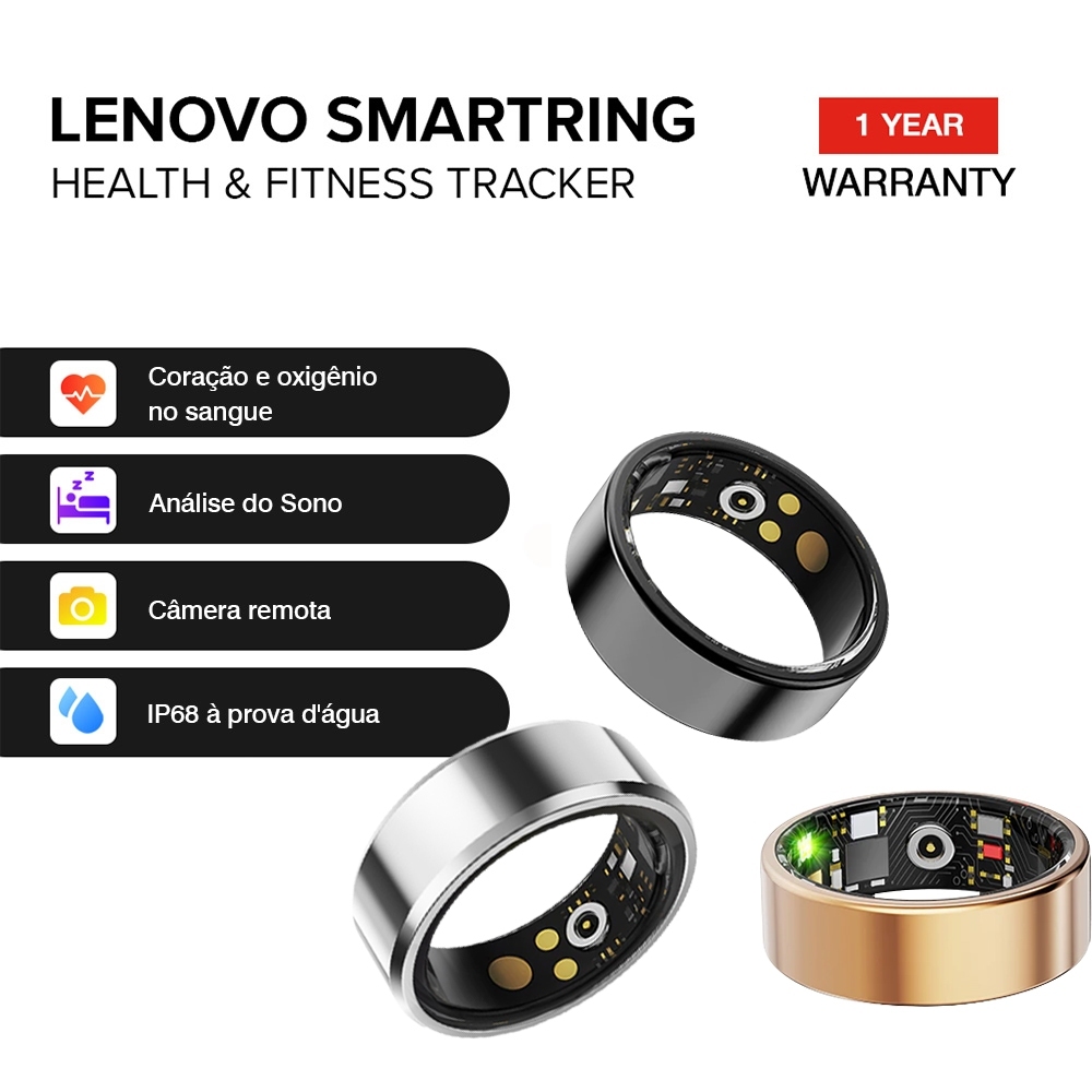 Anel Inteligente Smart Ring Monitor de Sono, Batimentos, SpO2, IP68 à Prova d'Água, App iOS/Android