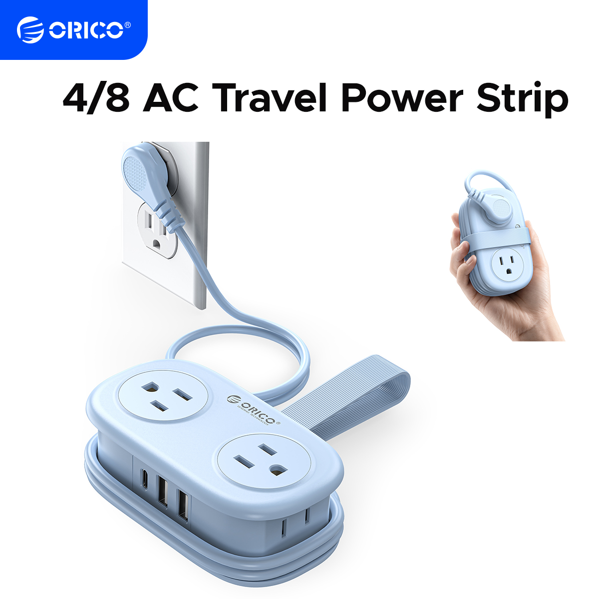 ORICO Travel Power Strip PD20W com 4 Tomadas AC, 2 Portas USB, 1 Porta Tipo C, Design Portátil para Viagens de Negócios