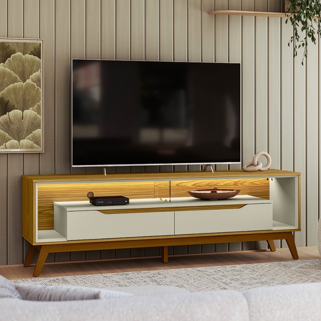 Rack com Led p/ TV 65 Polegadas 175cm Duo Pés Madeira – Olivar Móveis