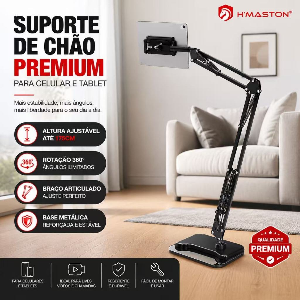 Suporte de Chão para Celular e Tablet 175cm Articulado 360° Ajustável para Live Gravação Home Office