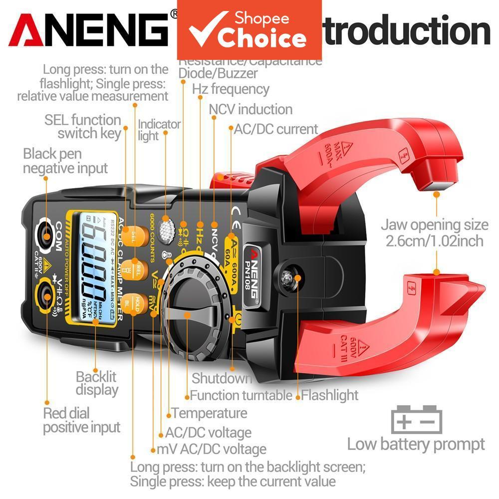 ANENG PN108 Medidor de Corrente de Braçadeira Digital 600A AC/DC - Testador de Tensão e Corrente