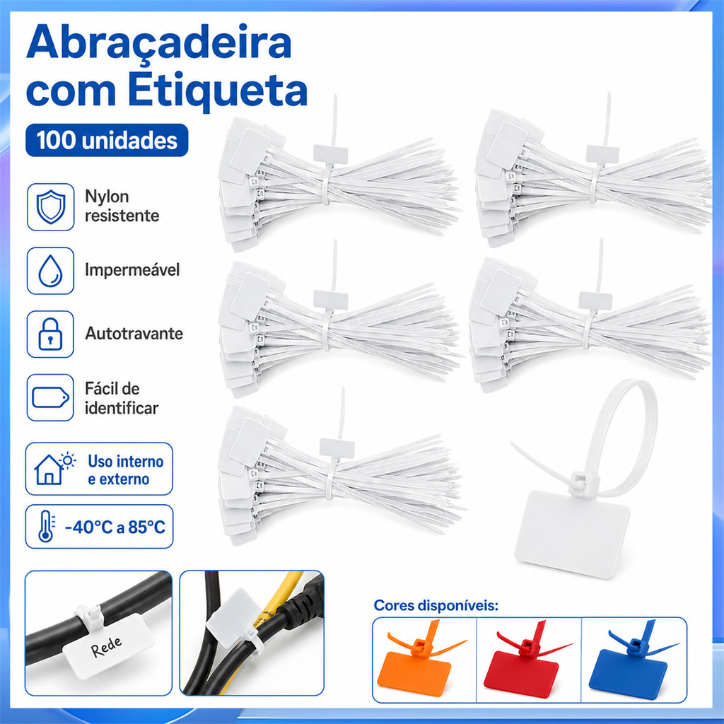100 abraçadeiras de Nylon tipo etiqueta, abraçadeiras com logotipo de cabo com travamento automático