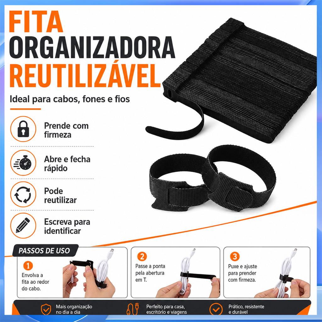 Organizador de cabos de Nylon T-Buckle com cabo de carregamento marcado, cabo de alimentação, uso repetido, Velcro de ar