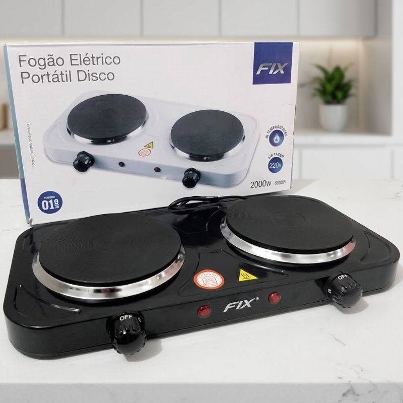 Fogão Elétrico Portátil 2 Bocas 2000W Tipo Disco - Prático para Viagem, Acampamento e Cozinha