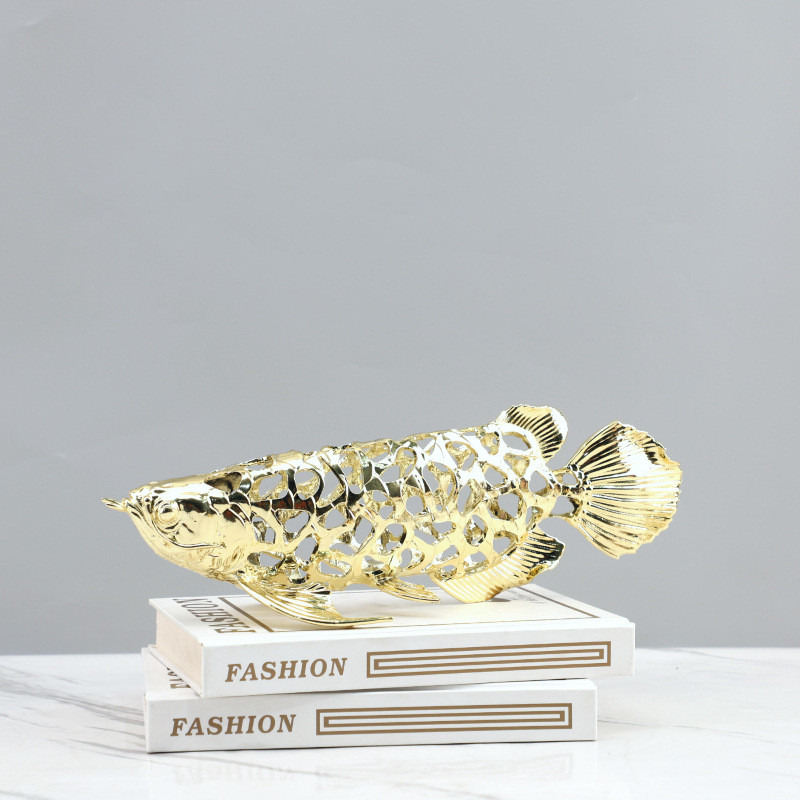 AN1E Modern minimalist metal hollow gold arowana fish art decoration ornament for living room, entryway, study, home dec