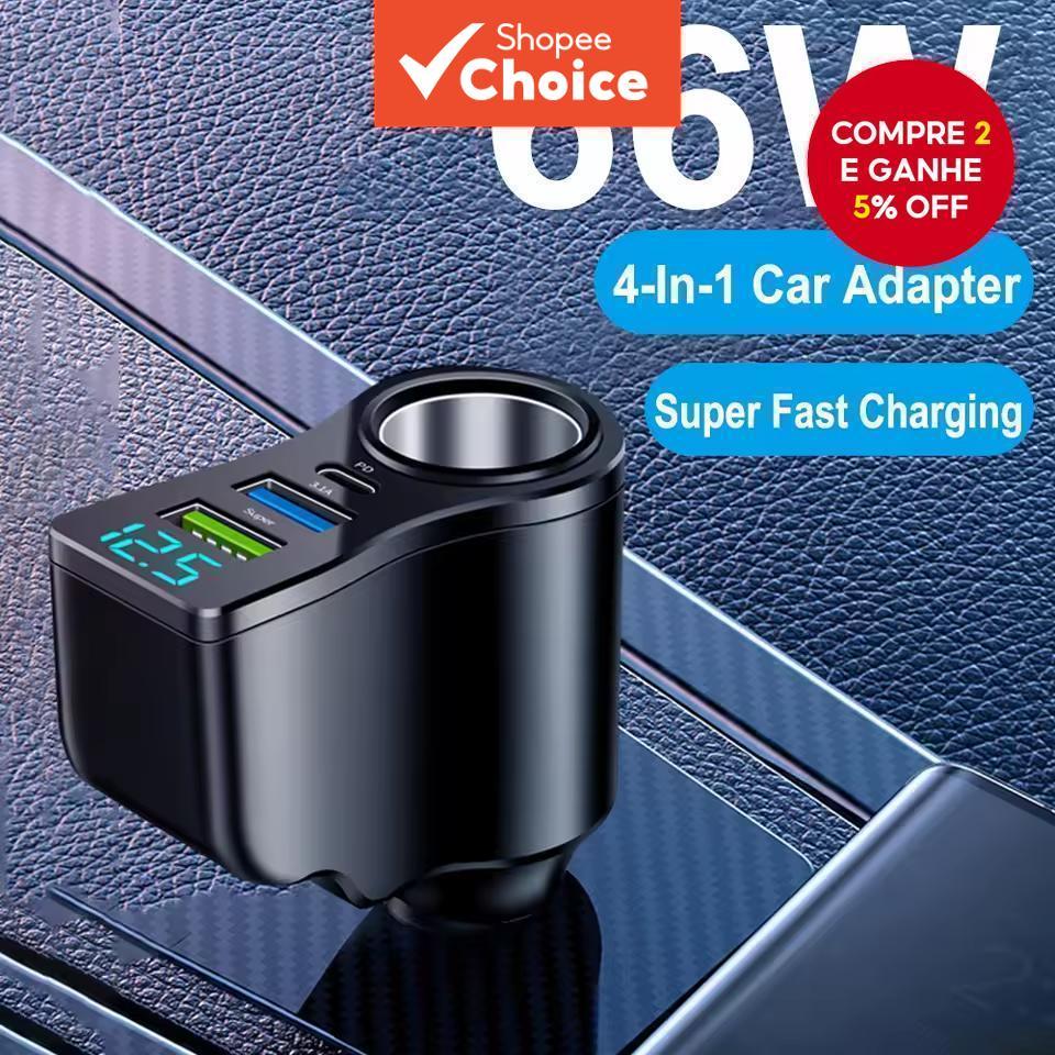 4 Portas Adaptador de Energia Multiuso para Isqueiro de Carro 3.1A Duplo USB PD Carregador Rápido de Telefone para