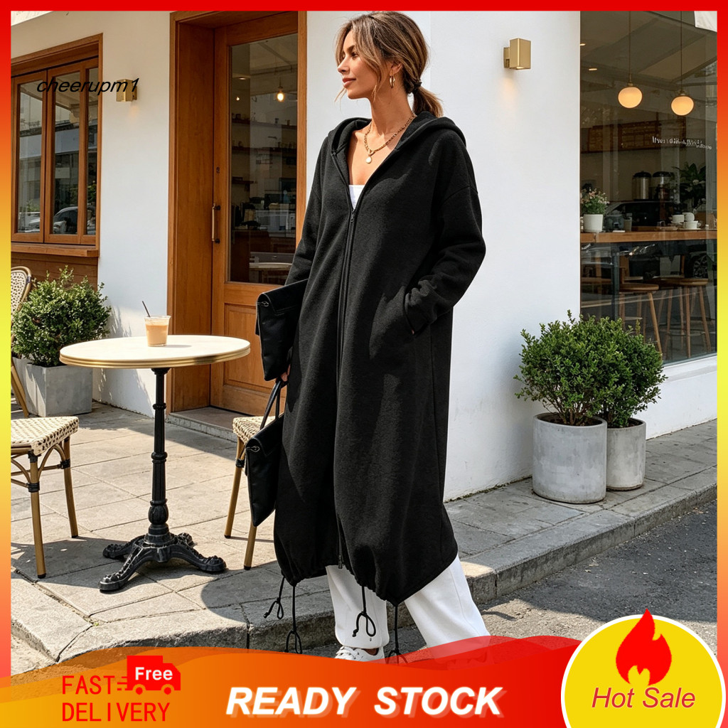 Zip Front Long Coats Coat with Hood Women’s Hooded Jacket for Fall Winter Oversized Zip-up Pockets Solid Color Tunic H