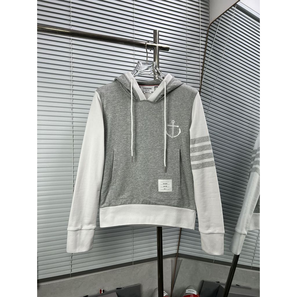 0R2P Autumn and winter four-stripe long-sleeved hoodie with embroidered anchor design on the front and drawstring hood