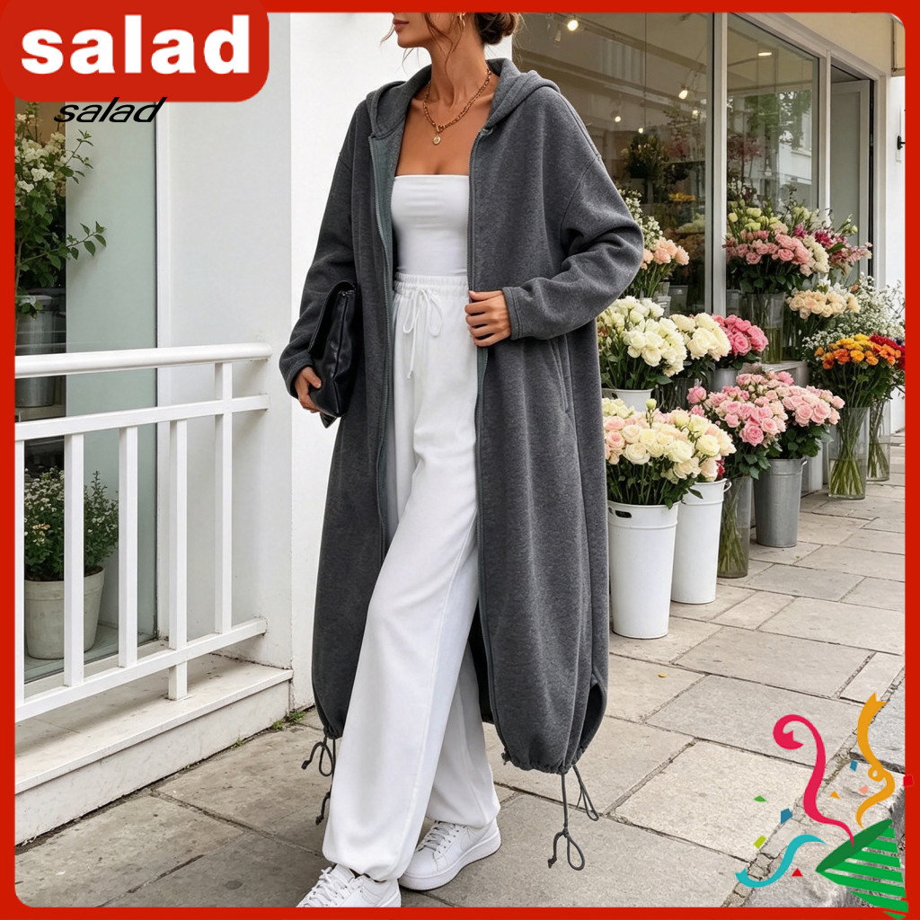 Long Coat with Hood Zip Front Coats Women’s Hooded Jacket for Fall Winter Oversized Zip-up Pockets Solid Color Tunic H