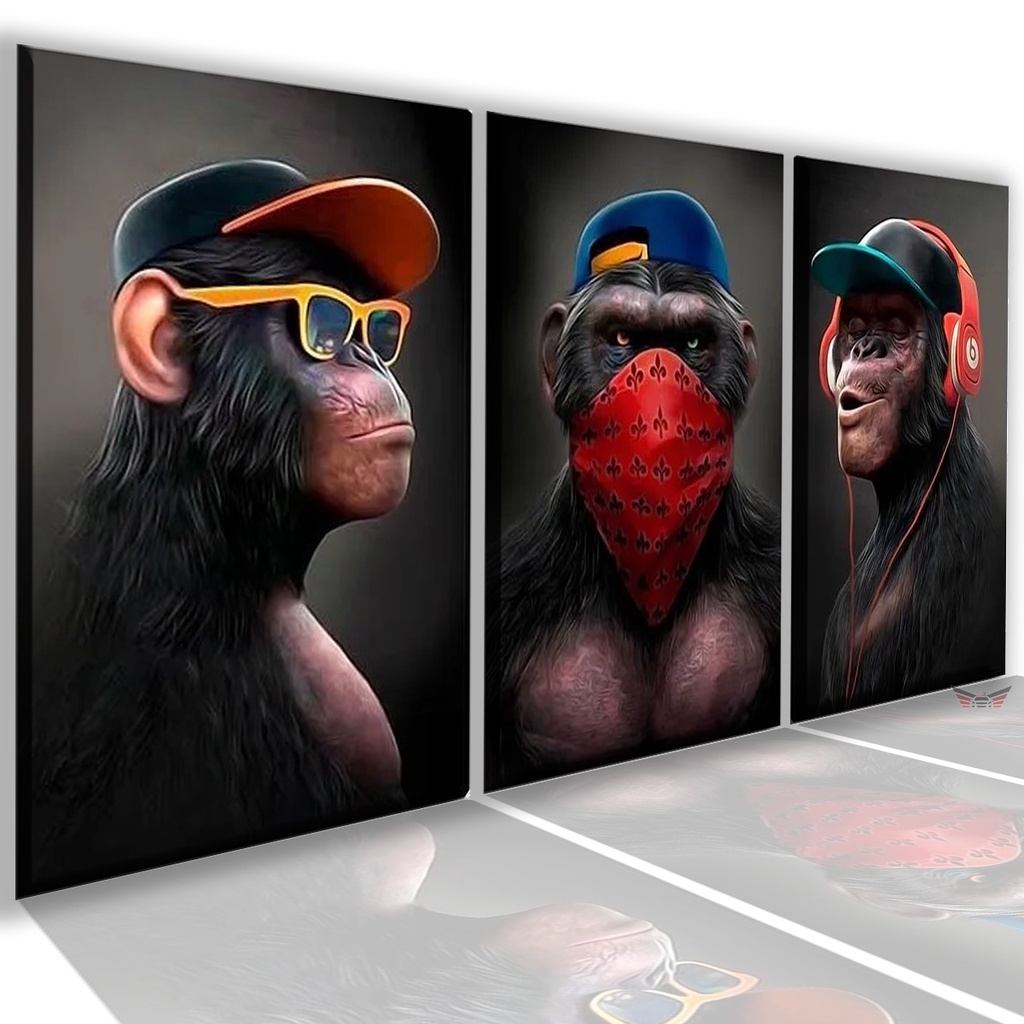 Kit Quadros Decorativos Mosaico 3 Peças Trio Gangue Dos Macacos Sábios ABstrato Modular Luxo Presente Moda Estilo Boné Oculos Fone de Ouvido Animais Forte Musculoso