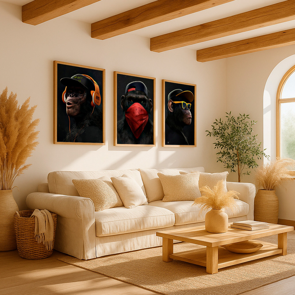 Kit 3 Quadros Decorativo Macacos Modernos Fone Óculos Boné Estilo Street Art Decor Criativo Divertido